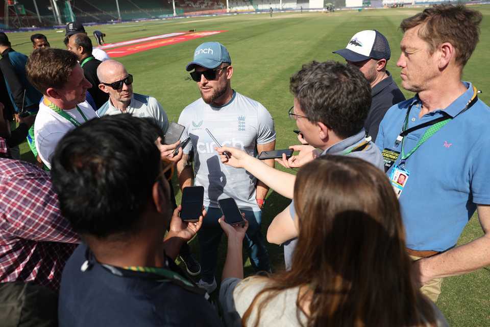 Brendon McCullum speaks to the touring media on the outfield