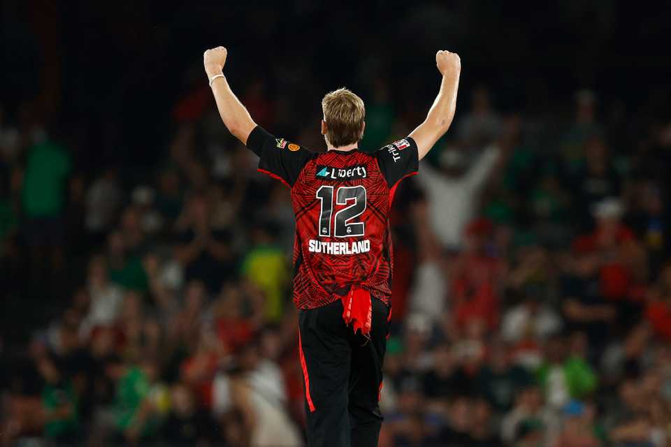 Will Sutherland celebrates at the end of the final over, Melbourne Renegades vs Melbourne Stars, BBL, Marvel Stadium, January 14, 2023