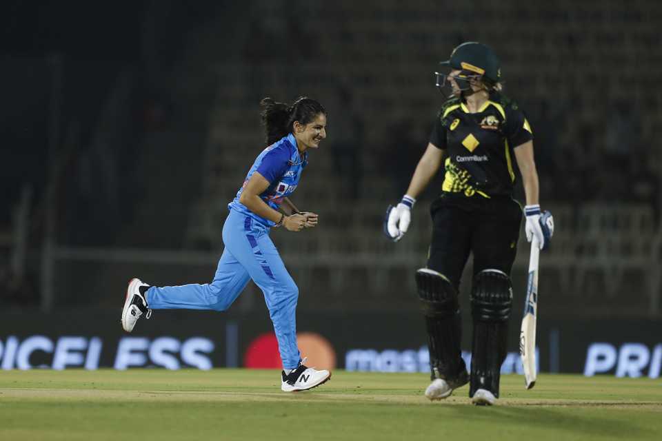 Renuka Singh celebrates after trapping Alyssa Healy lbw, India vs Australia, 3rd T20I, Mumbai, December 14, 2022