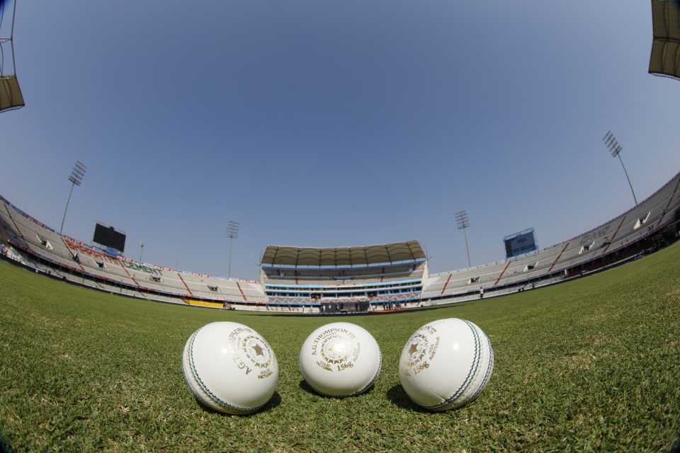 All set for play: the new white balls laid out ahead of the India-New Zealand ODI at the Rajiv Gandhi International Stadium, India vs New Zealand, 1st ODI, Hyderabad, January 18, 2023
