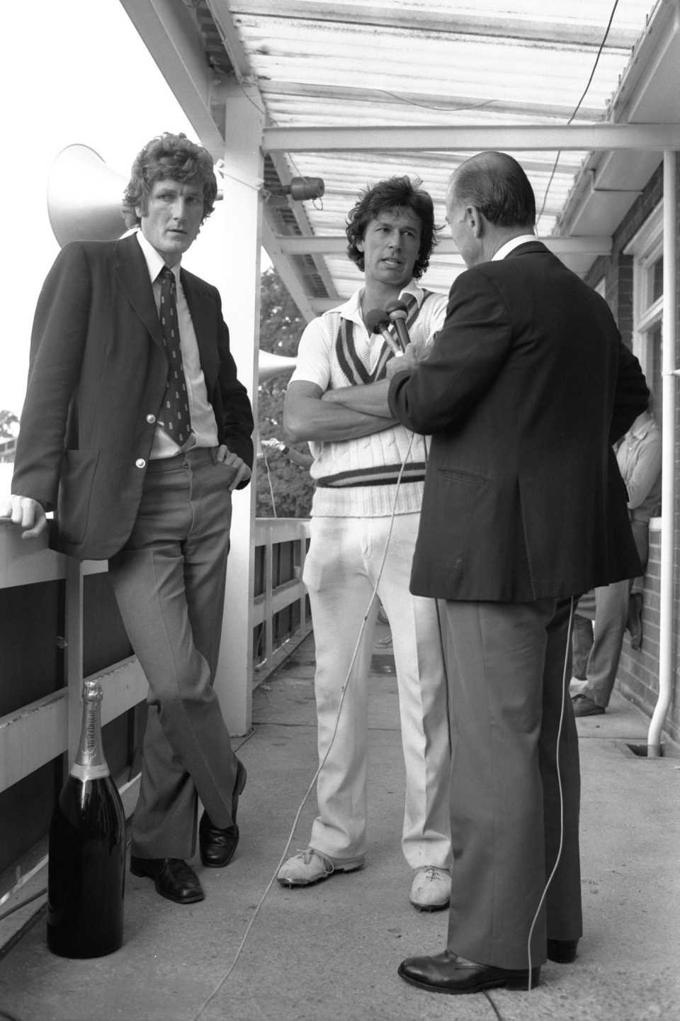 Peter West interviews Imran Khan as Bob Willis looks on, England v Pakistan third Test, day five, Headingley, August 31, 1982