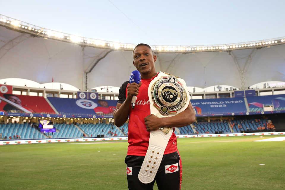 Sheldon Cottrell is the highest wicket-taker of the ILT20 and has the belt to prove it