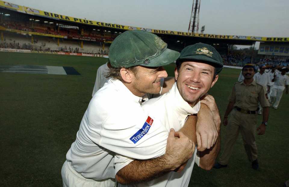 Ricky Ponting and Adam Gilchrist celebrate Australia's first series win in India in 35 years