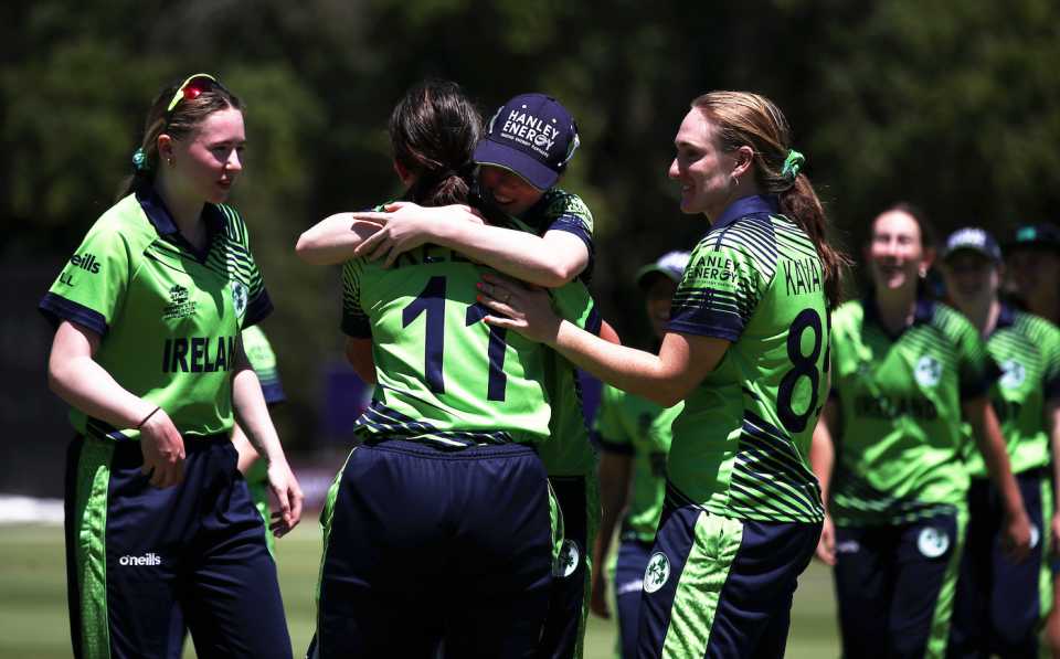 The Ireland players celebrate after stunning Australia, Ireland vs Australia, Women's T20 World Cup warm-ups, Stellenbosch, February 8, 2023