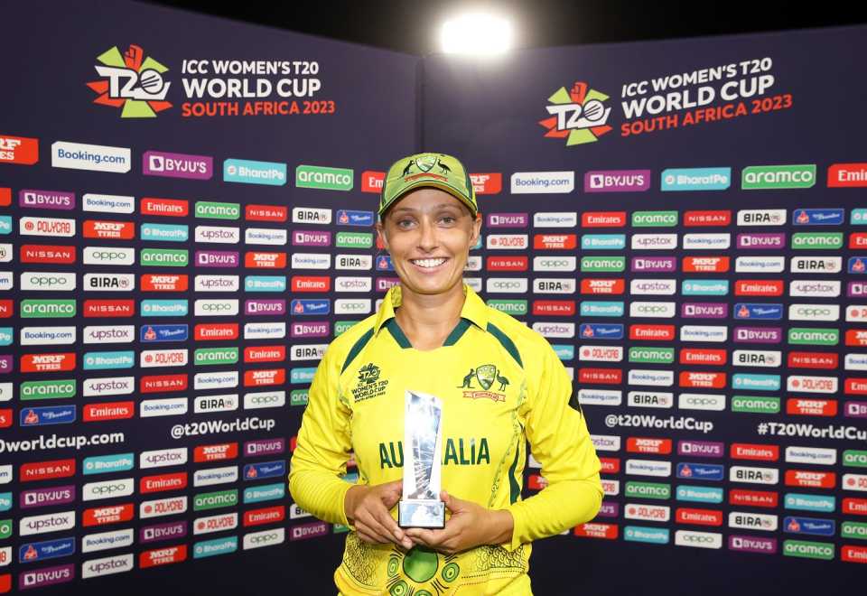 Ashleigh Gardner was awarded Player of the Match for her five-wicket haul, Australia vs New Zealand, Women's T20 World Cup, Paarl, February 11, 2023