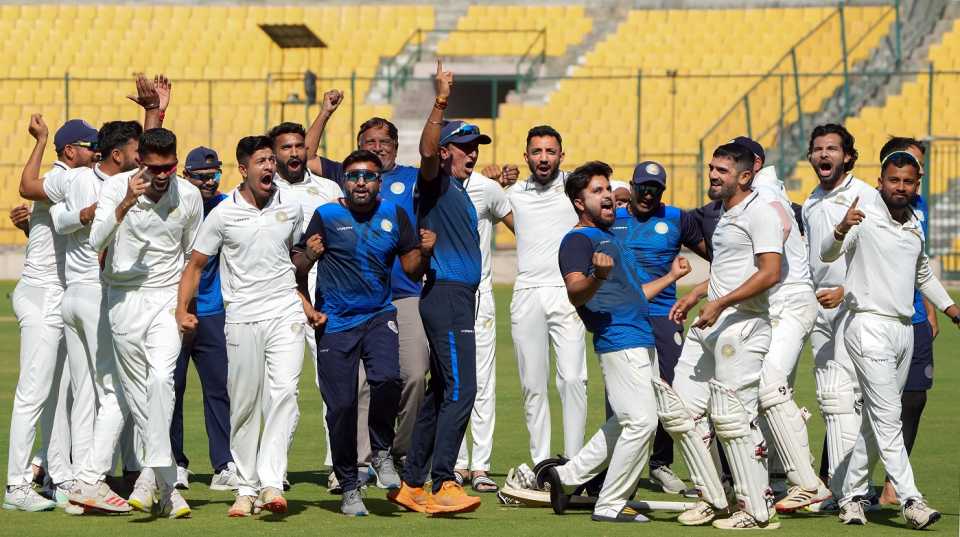 Saurashtra's players celebrate after toppling Karnataka in the semi-finals