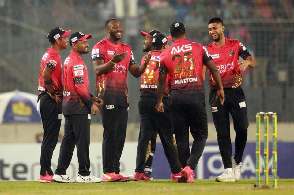 Andre Russell and Co celebrate a wicket, Sylhet Strikers vs Comilla Victorians, Qualifier 1, BPL, Mirpur, February 12, 2023