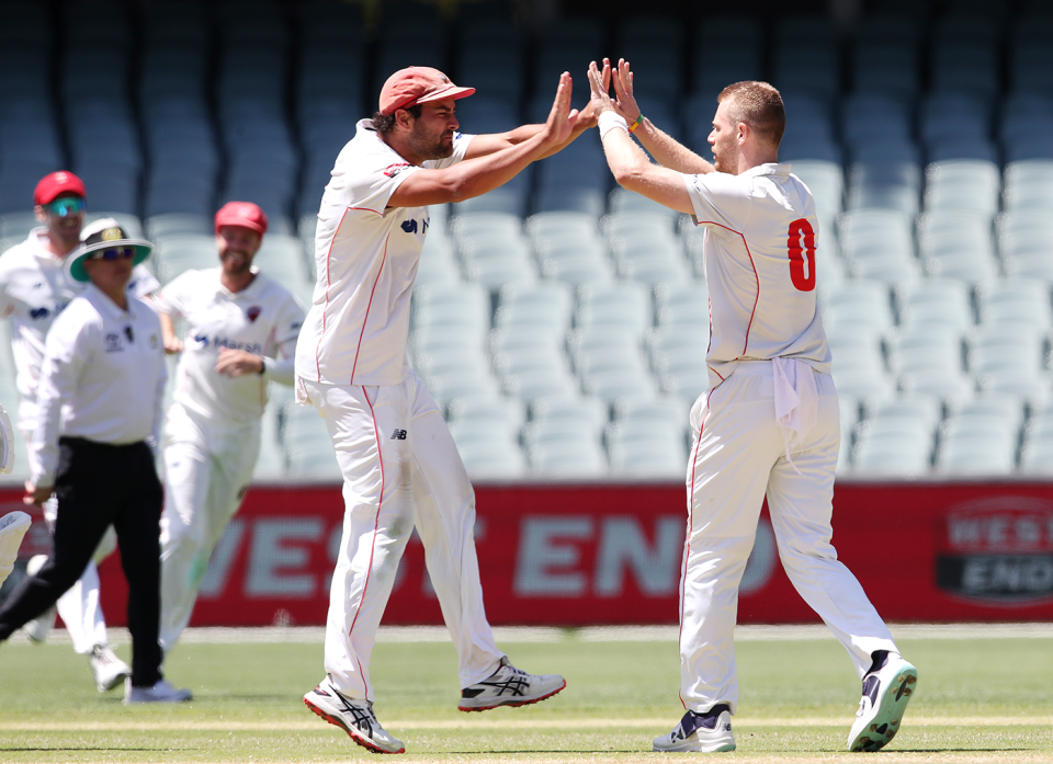 South Australia celebrate as they closed in on victory, South Australia vs Western Australia, Sheffield Shield, Adelaide Oval, February 13, 2023