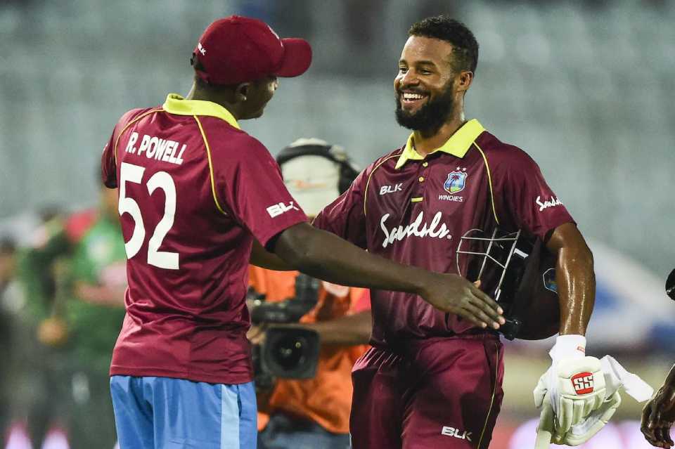 Rovman Powell congratulates Shai Hope after West Indies beat Bangladesh