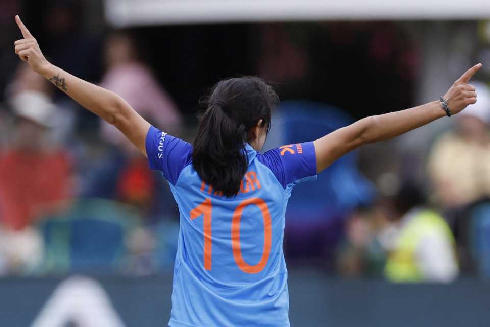 Renuka Singh celebrates after the dismissal of Katherine Sciver-Brunt, England vs India, Women's T20 World Cup 2023, Gqeberha, February 18, 2023