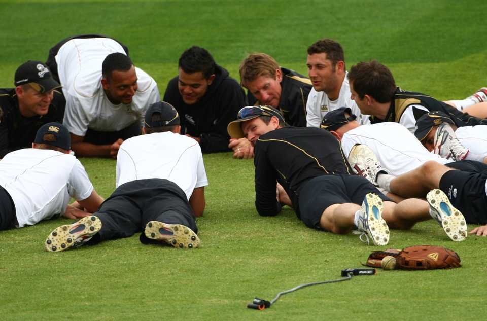 Michael Vaughan and his Yorkshire team-mates lie in a huddle before their T20 fixture at Trent Bridge in 2009