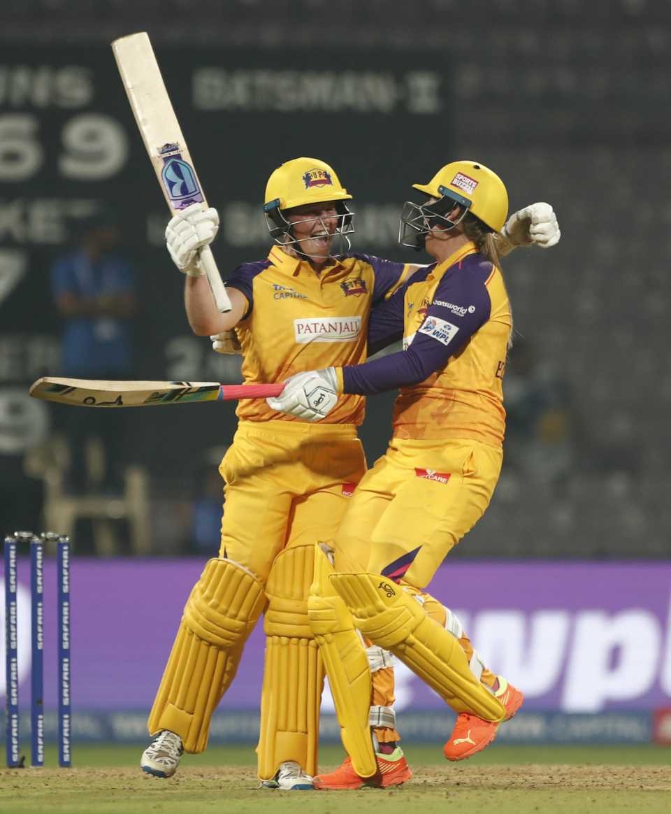 Grace Harris and Sophie Ecclestone celebrate after the win, Gujarat Giants vs UP Warriorz, WPL 2023, Mumbai, March 5, 2023