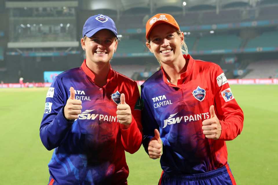Jess Jonassen and Meg Lanning are all smiles after their 42-run win, Delhi Capitals vs UP Warriorz, Women's Premier League, Navi Mumbai, March 7, 2023