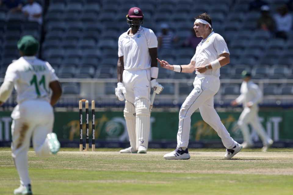 Gerald Coetzee celebrates after getting Jason Holder to chop on, South Africa vs West Indies, 2nd Test, Johannesburg, 4th day, March 11, 2023