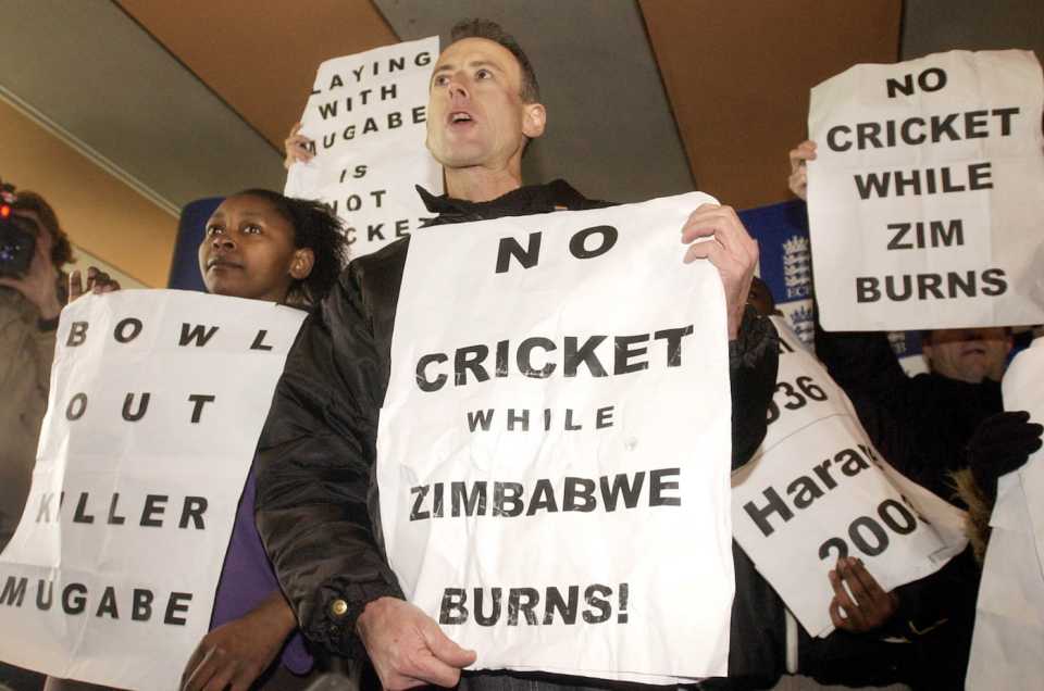Protesters at Lord's, led by the activist Peter Tatchell, demonstrate against England's World Cup fixture in Zimbabwe, January 14, 2003