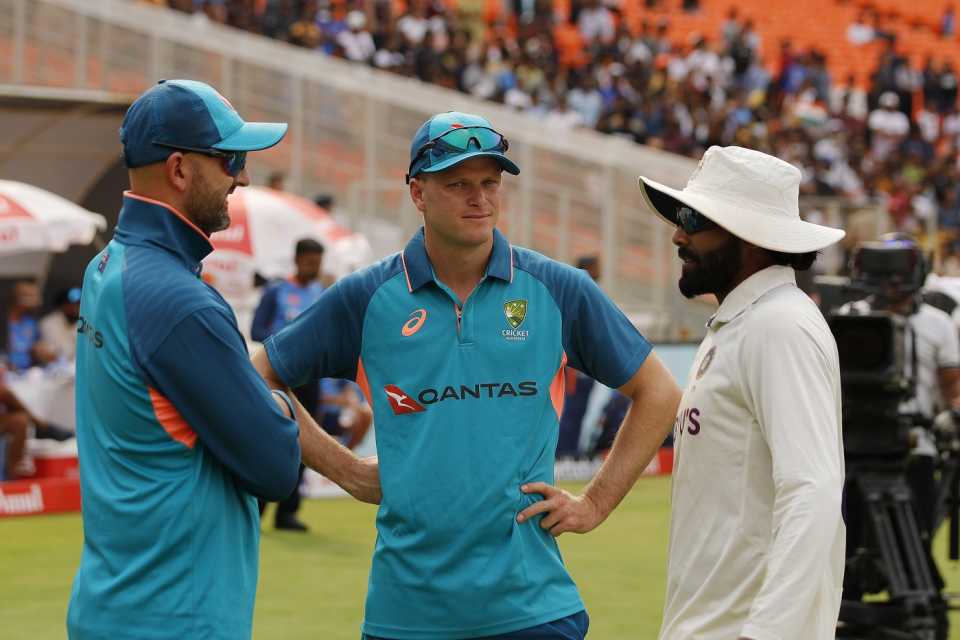 Nathan Lyon, Matt Kuhnemann and Ravindra Jadeja catch up after the day's play, India vs Australia, 4th Test, Ahmedabad, 5th day, March 13, 2023