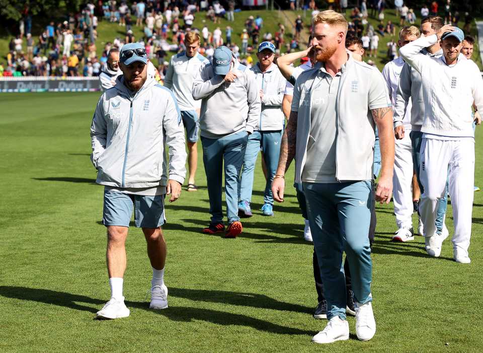 Brendon McCullum and Ben Stokes walk back with the England team, New Zealand vs England, 2nd Test, Wellington, 5th day, February 28, 2023