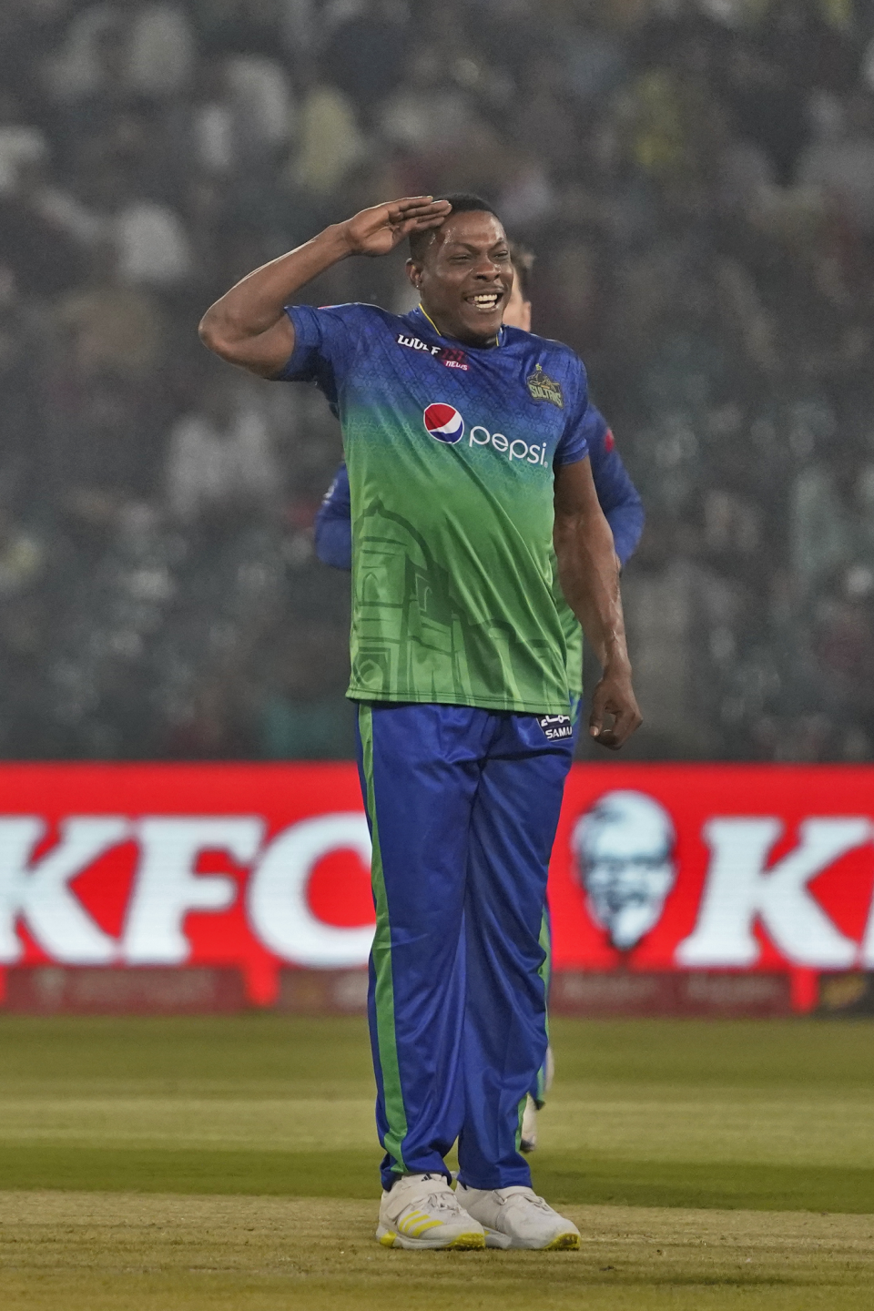 Sheldon Cottrell celebrates with his signature salute after a top order wicket, Lahore Qalandars vs Multan Sultans, PSL, Lahore, March 15, 2023
