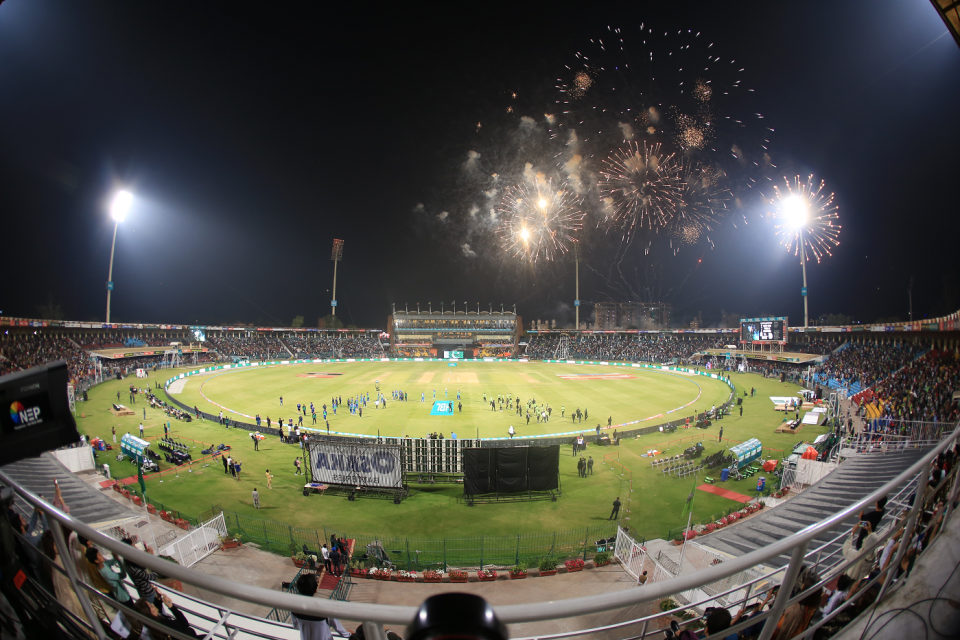 The start was briefly delayed, with the firework display necessitating two floodlight towers to be switched off, Lahore Qalandars vs Multan Sultans, PSL, Lahore, March 18, 2023