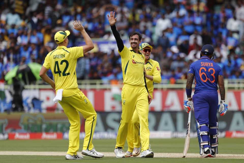 Mitchell Starc celebrates trapping Suryakumar Yadav lbw, India vs Australia, 2nd ODI, Visakhapatnam, March 19, 2023