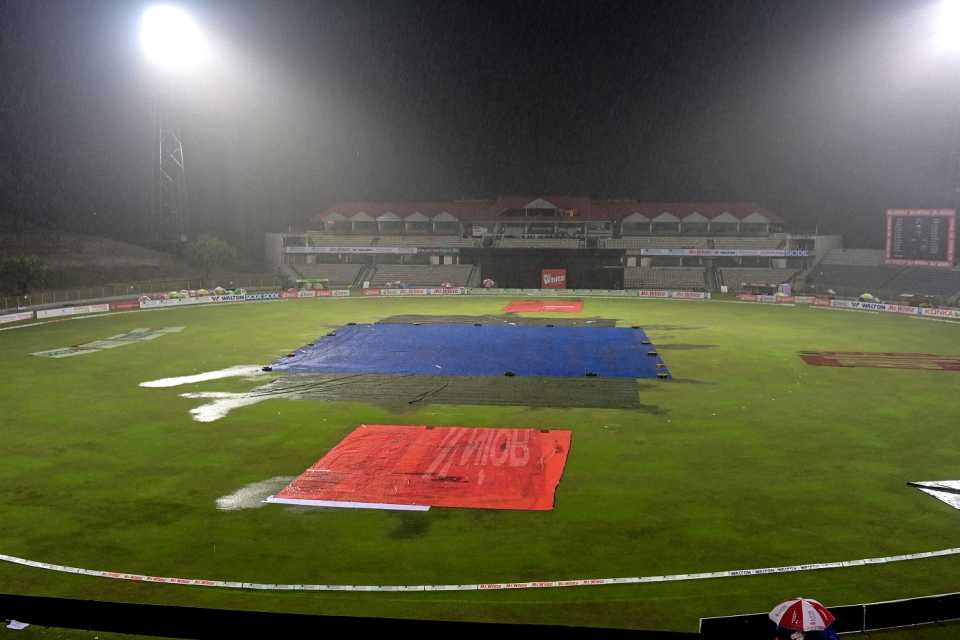 The pitch is covered after rain in Sylhet, Bangladesh's fastest in ODIs, Bangladesh vs Ireland, 2nd ODI, Sylhet, March 20, 2023