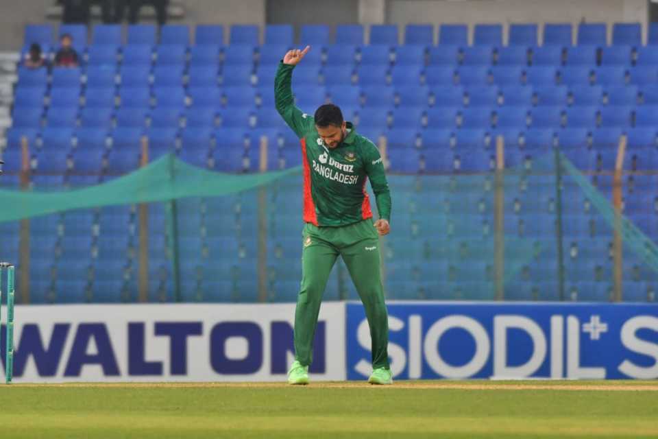 That's the five-for - Shakib Al Hasan celebrates after sending back Harry Tector