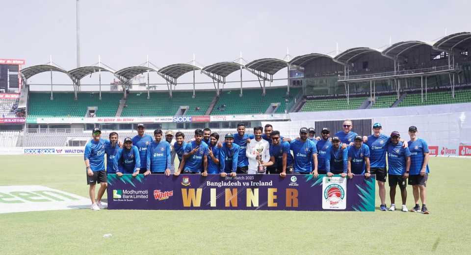 Bangladesh team poses with the trophy after winning the Test against Ireland, Bangladesh vs Ireland, Only Test, 4th day, Dhaka, April 7, 2023