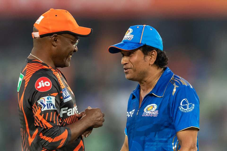 Brian Lara and Sachin Tendulkar share a lighthearted moment, Sunrisers Hyderabad vs Mumbai Indians, IPL 2023, Hyderabad, April 18, 2023