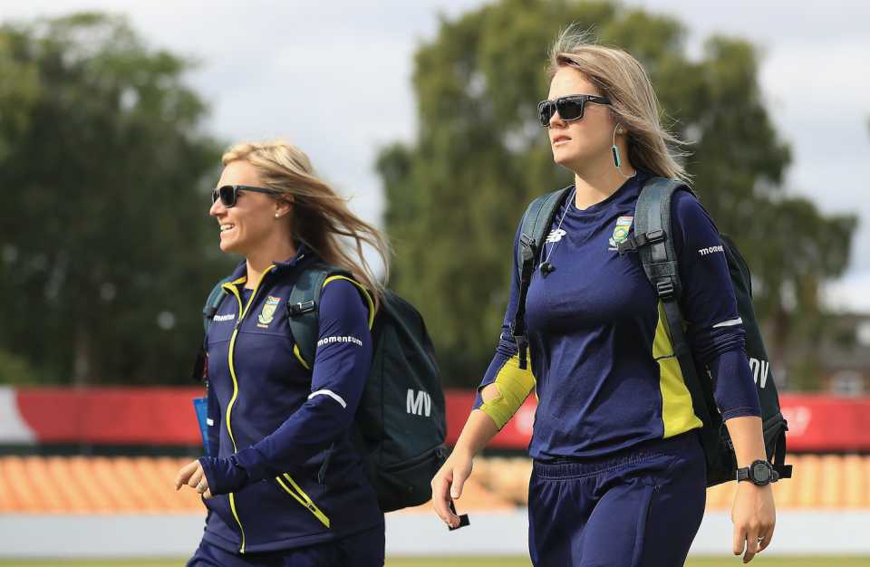 Mignon du Preez and Dane van Niekerk arrive before the match, South Africa v West Indies, Women's World Cup, Leicester, July 2, 2017