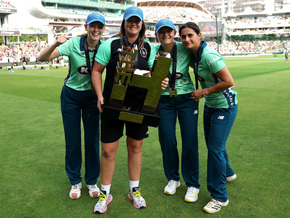 Oval Invincibles celebrate with the Hundred trophy, Oval Invincibles vs Southern Brave, Women's Hundred final, Lord's, September 3, 2022