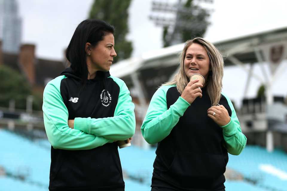 Marizanne Kapp and Dane van Niekerk chat during the rain delay, Oval Invincibles vs Trent Rockets, Women's Hundred, The Oval, August 8, 2021