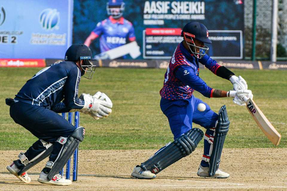 Sandeep Lamichchane plays a shot, Nepal vs Scotland, ICC Men's Cricket World Cup League 2, Kirtipur, February 21, 2023
