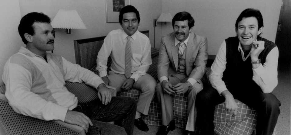 Steve Smith, Ali Bacher, Steve Dixon and John Dyson meet to talk about the rebel Australians' tour of South Africa in 1985-86, Sydney, July 12, 1985