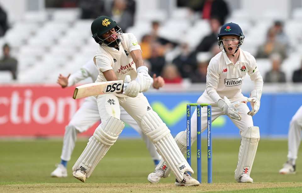Haseeb Hameed gets the ball trapped under his helmet grill, Nottinghamshire vs Lancashire, County Championship, Division One, Trent Bridge, May 4, 2023