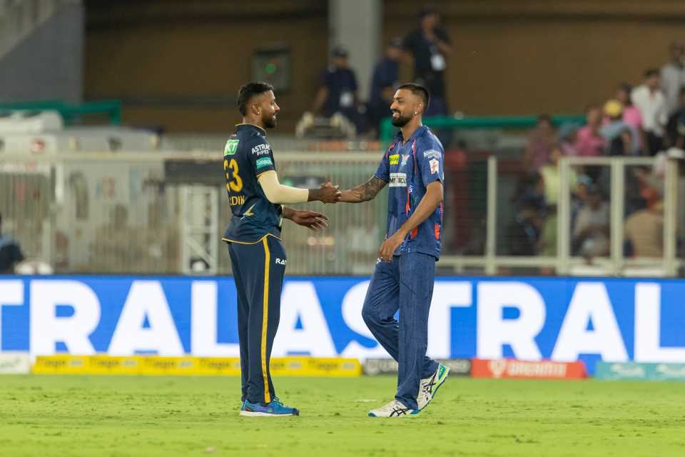 The Pandya brothers - Hardik and Krunal - shake hands after the match, Gujarat Titans vs Lucknow Super Giants, IPL 2023, Ahmedabad, May 7, 2023