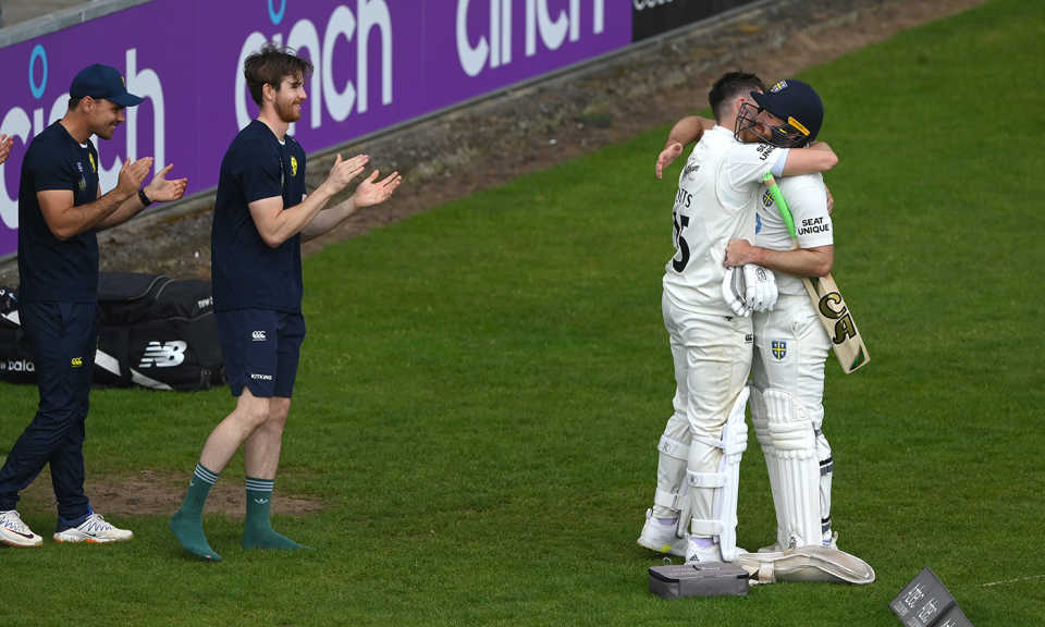 Ben Raine gets a hug from Matt Potts after guiding his team over the line, Durham vs Yorkshire, County Championship, 4th day, Chester-le-Street, May 14, 2023