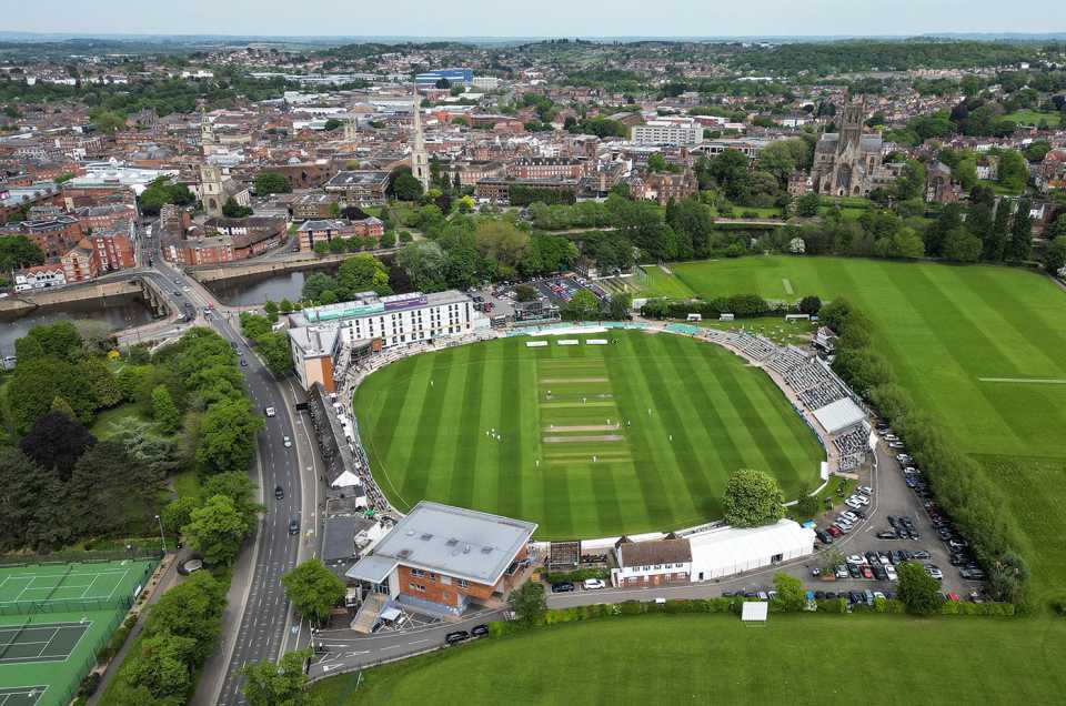 An aerial view of New Road during Worcestershire's County Championship match with Leicestershire, Worcestershire vs Leicestershire, LV= County Championship, 1st day, New Road