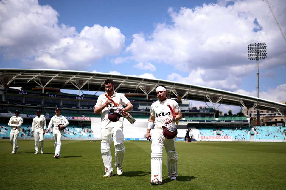 Rory Burns and Dom Sibley walk off after sealing victory, Surrey vs Kent, LV= Insurance Championship, Kia Oval, 3rd day, May 20, 2023