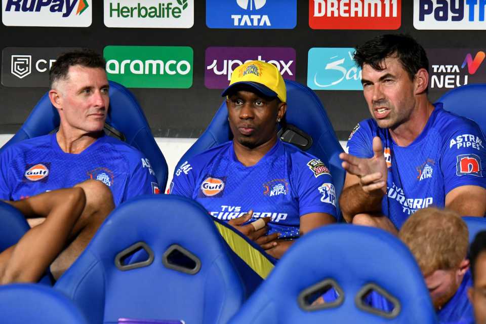 Mike Hussey, Dwayne Bravo and Stephen Fleming chat in the dugout, Chennai Super Kings vs Kolkata Knight Riders, IPL 2023, Chennai, May 14, 2023