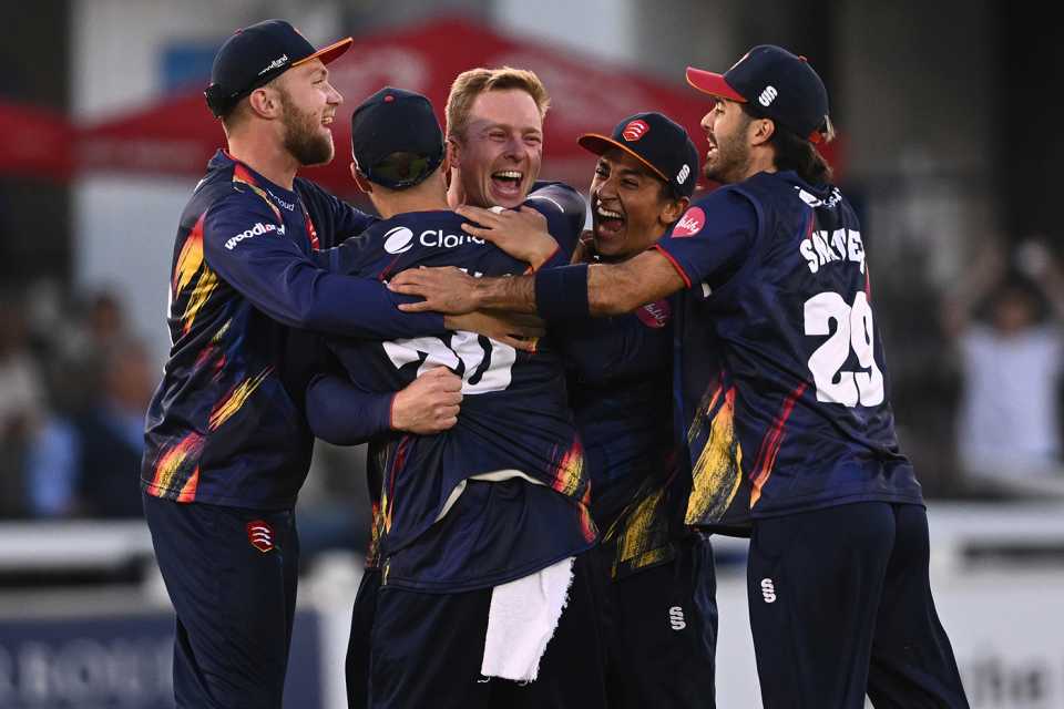 Simon Harmer is mobbed by his team-mates after completing his hat-trick, Sussex vs Essex, Hove, Vitality Blast, June 1, 2023