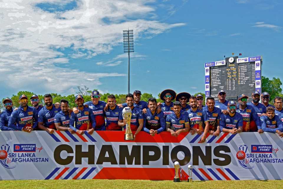 The victorious Sri Lanka team after the series win against Afghanistan, 3rd ODI, Hambantota, June 7, 2023