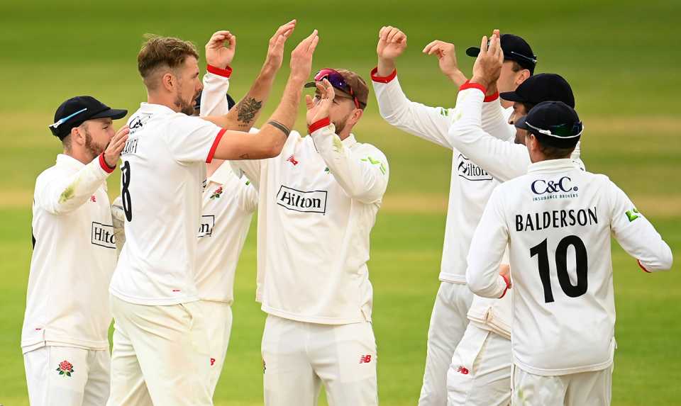 Tom Bailey is congratulated by his team-mates, Somerset vs Lancashire, County Championship, Division One, Taunton, April 23, 2023