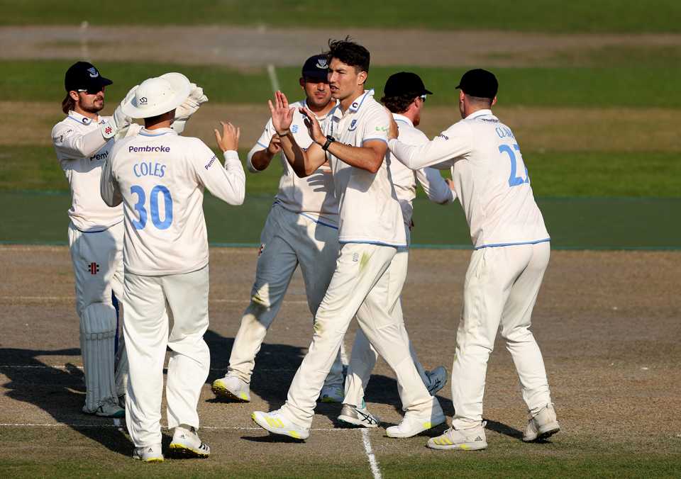 Ari Karvelas is congratulated on a dismissal, Sussex vs Worcestershire, County Championship, Division Two, Hove, June 14, 2023