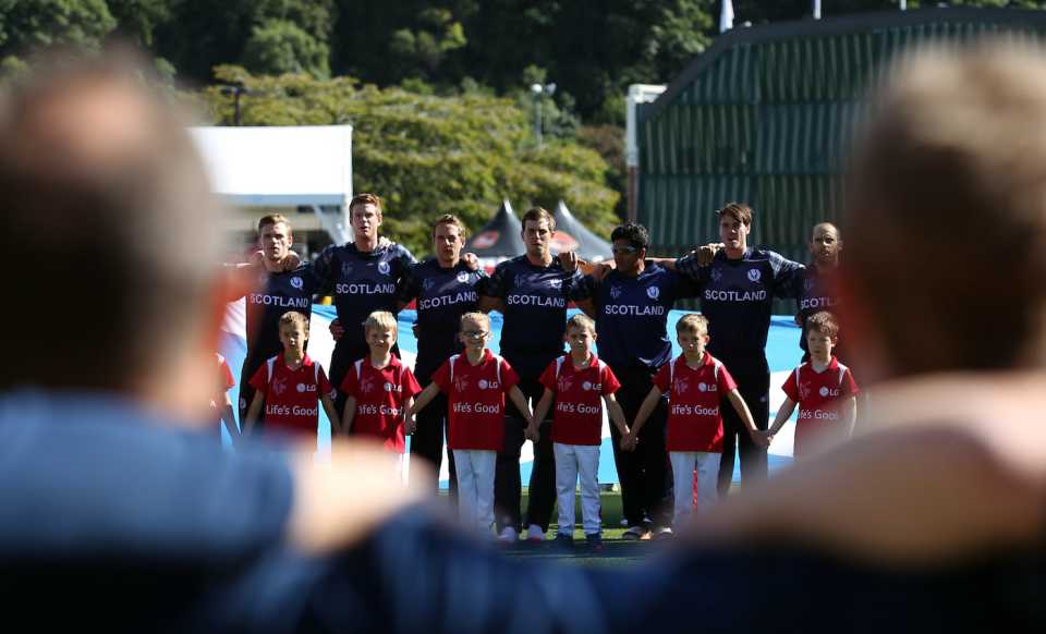 Scotland line up for the national anthem before their match against Afghanistan, Afghanistan v Scotland, World Cup 2015, Group A, Dunedin, February 26, 2015
