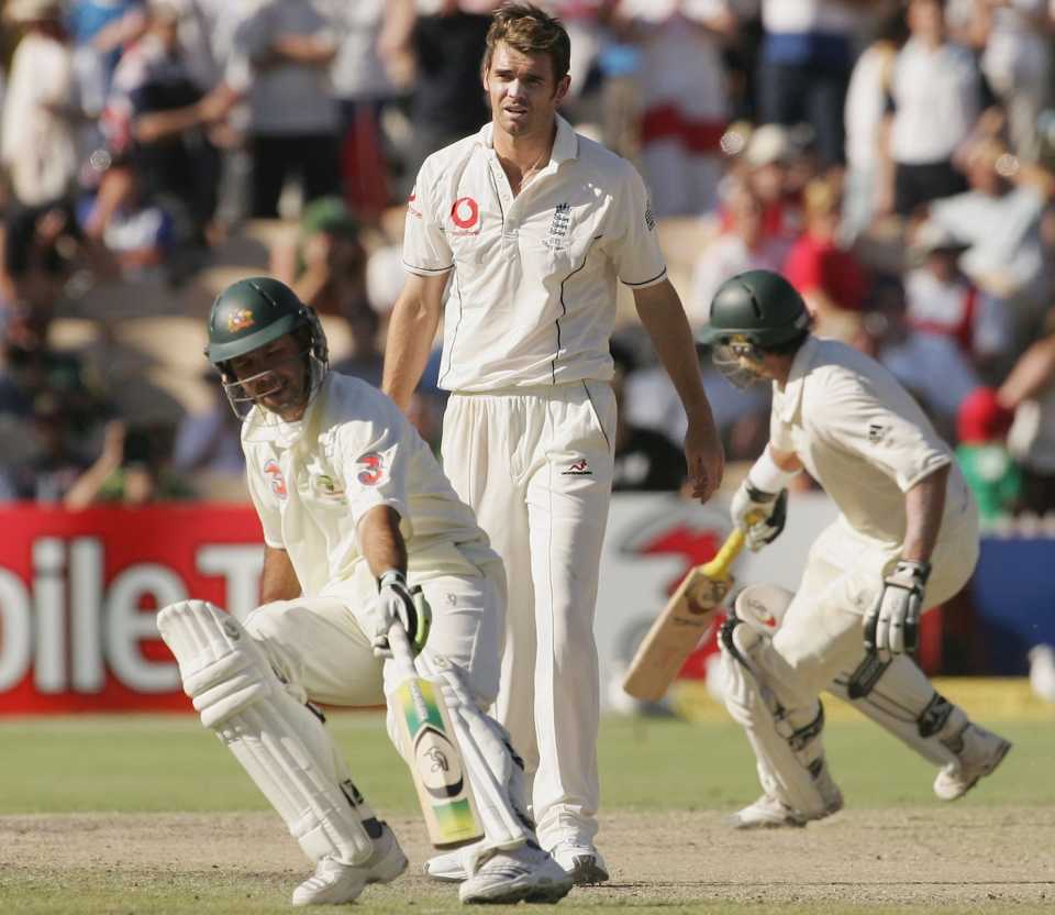 Ricky Ponting steals a single off James Anderson, Australia v England, 2nd Test, Adelaide, December 5, 2006