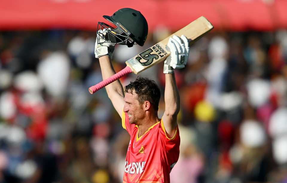 Sean Williams finished with 102* off 70, scoring the fastest ODI hundred by a Zimbabwe player in the process, Zimbabwe vs Nepal, ICC Cricket World Cup Qualifier, Harare, June 18, 2023