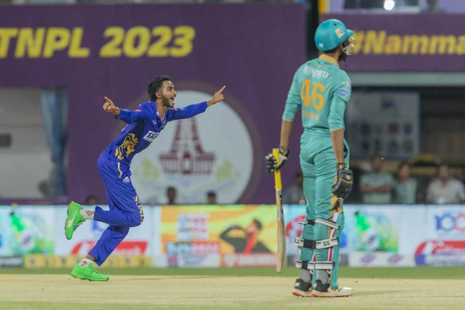 M Siddharth wheels away after taking a wicket, Lyca Kovai Kings vs Ba11sy Trichy, Dindigul, TNPL 2023, June 21, 2023