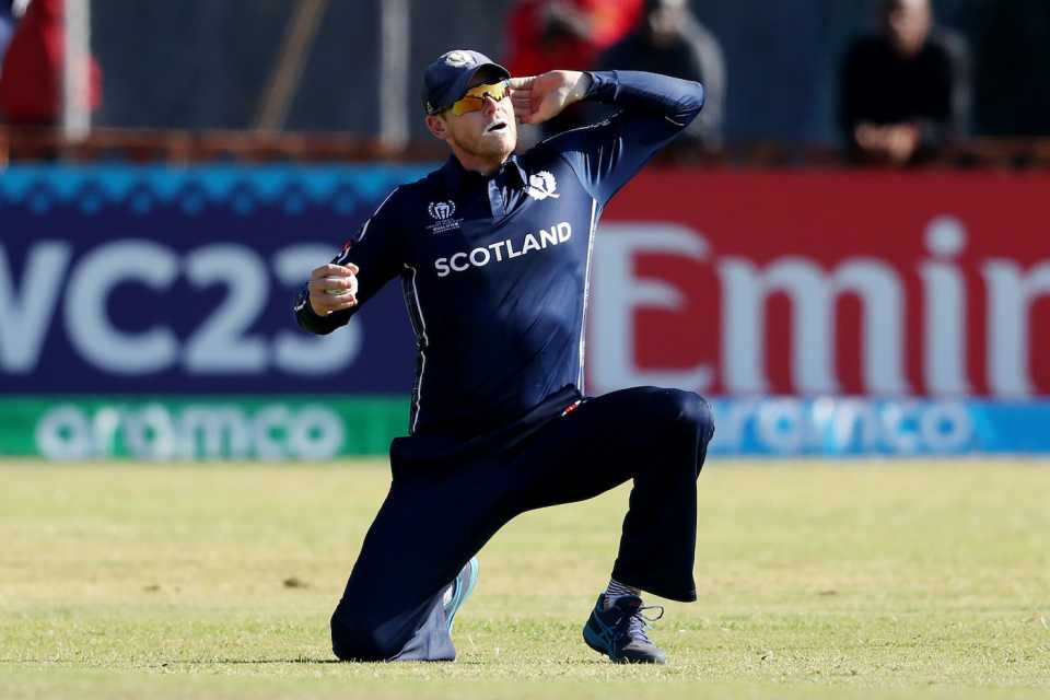 Michael Leask checks to confirm if his catch silenced the noise, Scotland vs UAE, World Cup Qualifier, Bulawayo, June 23, 2023