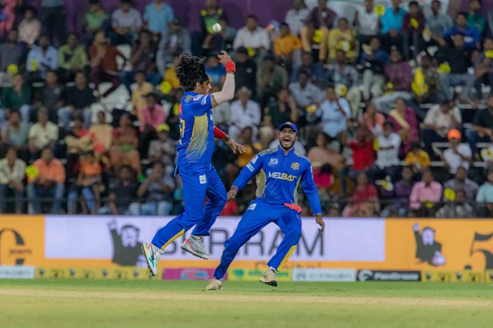 Ajay Krishna is overjoyed after taking a wicket, Chepauk Super Gillies vs Siechem Madurai Panthers, TNPL 2023, Salem, June 26, 2023