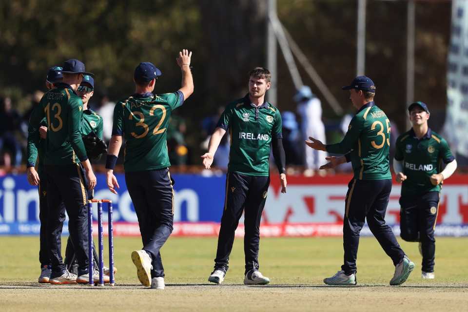 Josh Little celebrates a wicket, Ireland vs UAE, ICC World Cup Qualifier, Bulawayo, June 27, 2023
